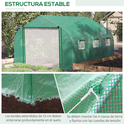 Estufa de Túnel 3,5x3x2m Estufa de Jardim com Porta e 6 Janelas Enroláveis de Polietileno Metal Galvanizado para Cultivos de Plantas Flores Verde