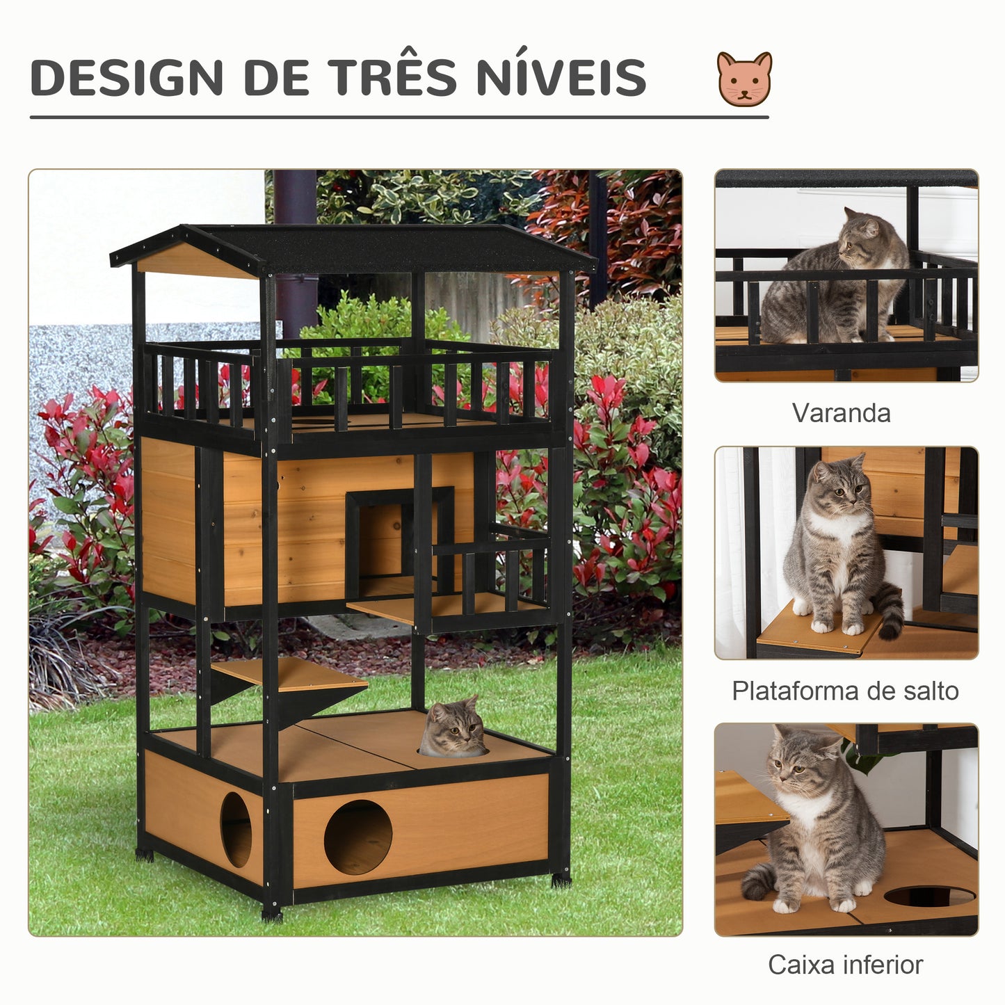 PawHut Casa para Gatos de Madeira 75,5x75x137 cm Abrigo para Gatos com Telhado Asfáltico Plataformas e Ninho para Interior e Exterior Natural