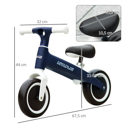 AIYAPLAY Bicicleta sem Pedais para Crianças de 18-36 Meses Bicicleta de Equilíbrio com Assento Ajustável em Altura Carga 25 kg 67,5x32x44 cm Azul