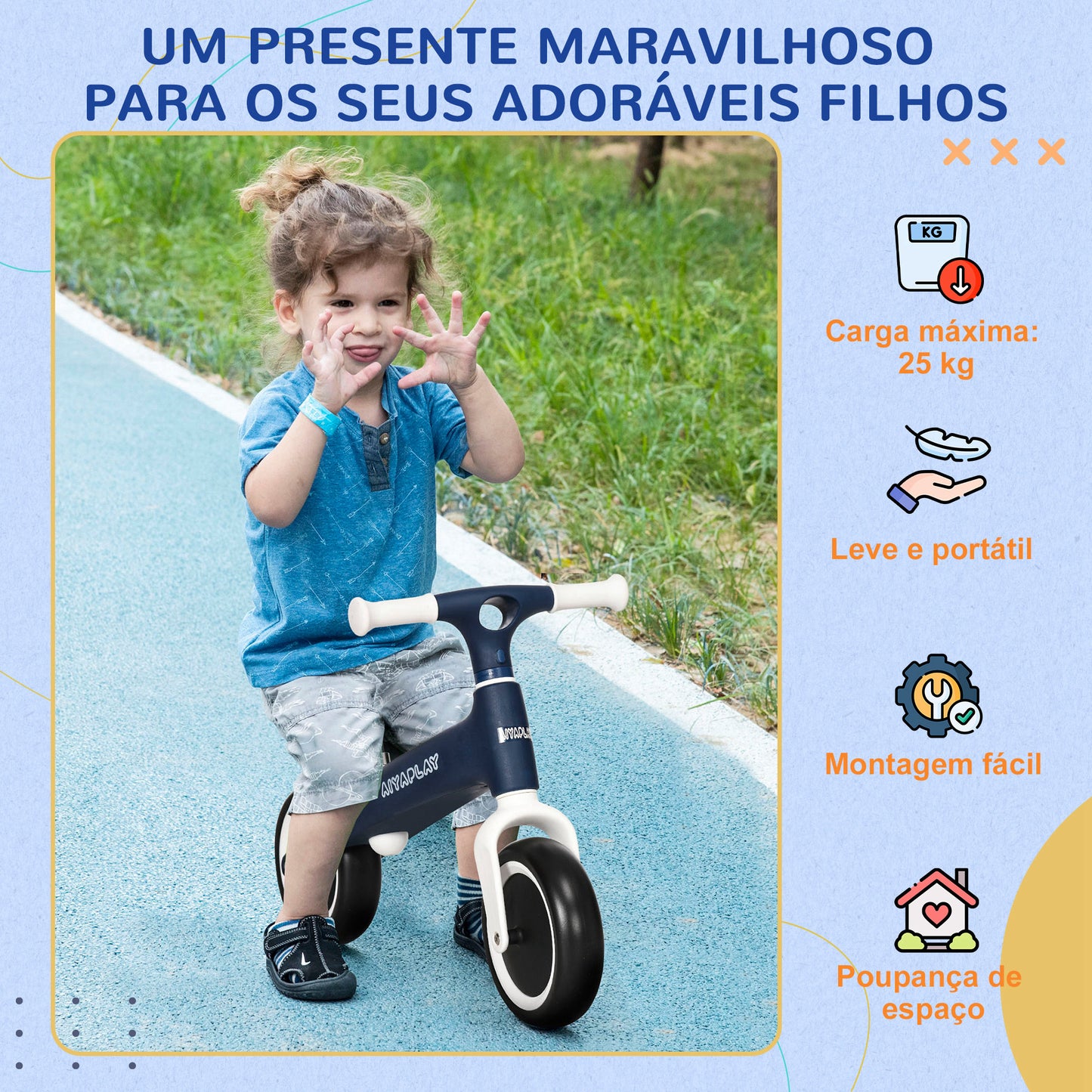 AIYAPLAY Bicicleta sem Pedais para Crianças de 18-36 Meses Bicicleta de Equilíbrio com Assento Ajustável em Altura Carga 25 kg 67,5x32x44 cm Azul