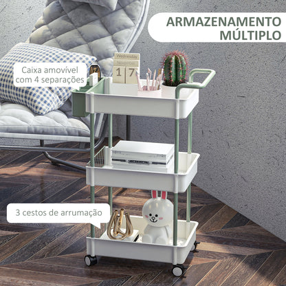 HOMCOM Carrinho de Armazenamento de 3 Níveis Carrinho de Cozinha com Alça e Caixa Amovível para Sala de Estar Escritório Casa de Banho 50x29,4x77 cm Branco e Verde