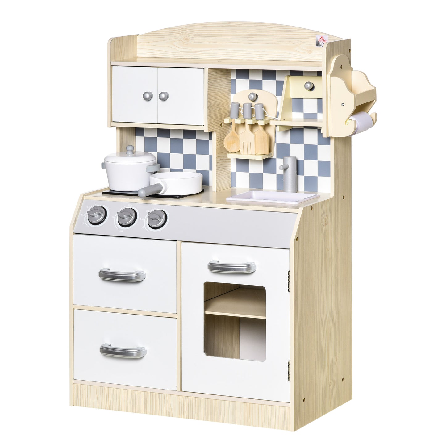 HOMCOM Cozinha Infantil de Madeira para Crianças acima de 3 Anos com 5 Acessórios Cozinha Infantil com 2 Armários 2 Gavetas Lavatório e Suporte para Papel 54,5x29x80cm Natural e Branco