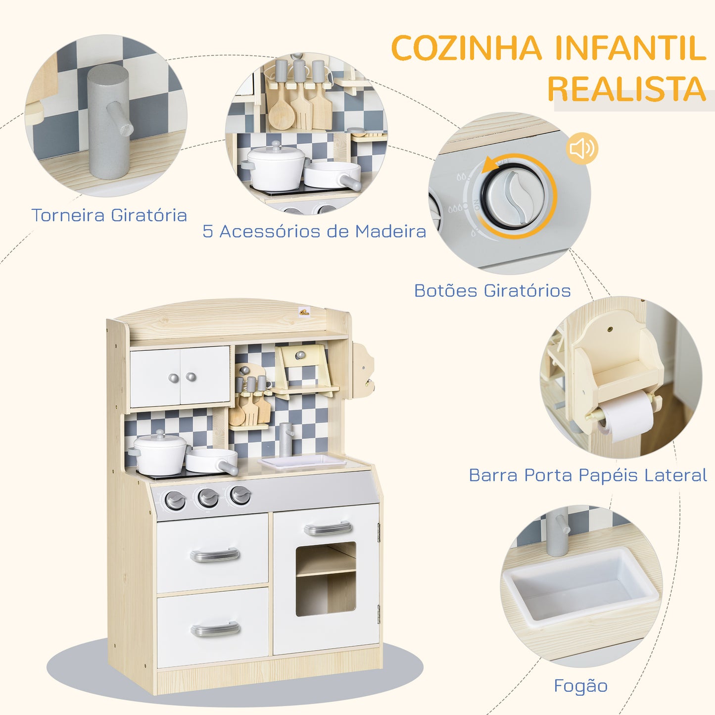 HOMCOM Cozinha Infantil de Madeira para Crianças acima de 3 Anos com 5 Acessórios Cozinha Infantil com 2 Armários 2 Gavetas Lavatório e Suporte para Papel 54,5x29x80cm Natural e Branco