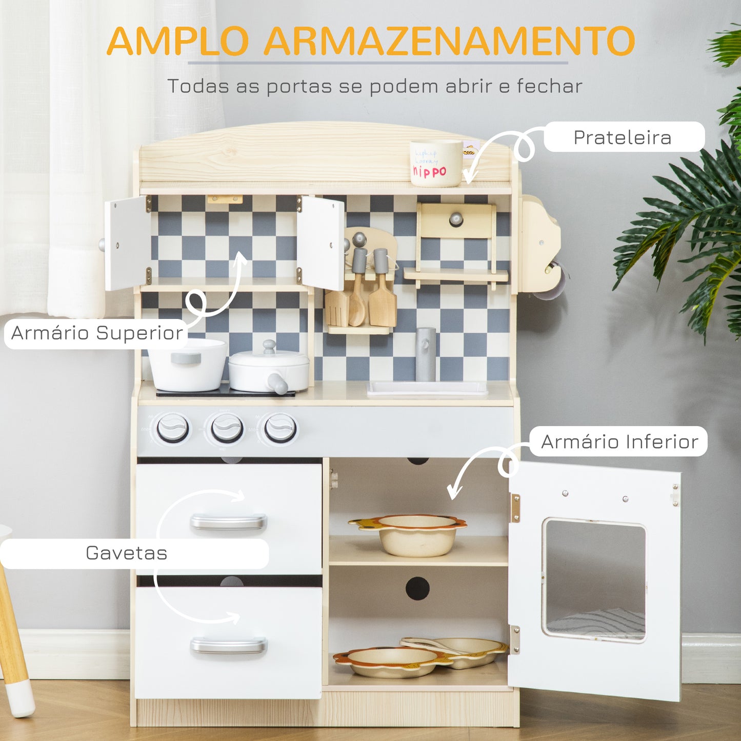 HOMCOM Cozinha Infantil de Madeira para Crianças acima de 3 Anos com 5 Acessórios Cozinha Infantil com 2 Armários 2 Gavetas Lavatório e Suporte para Papel 54,5x29x80cm Natural e Branco