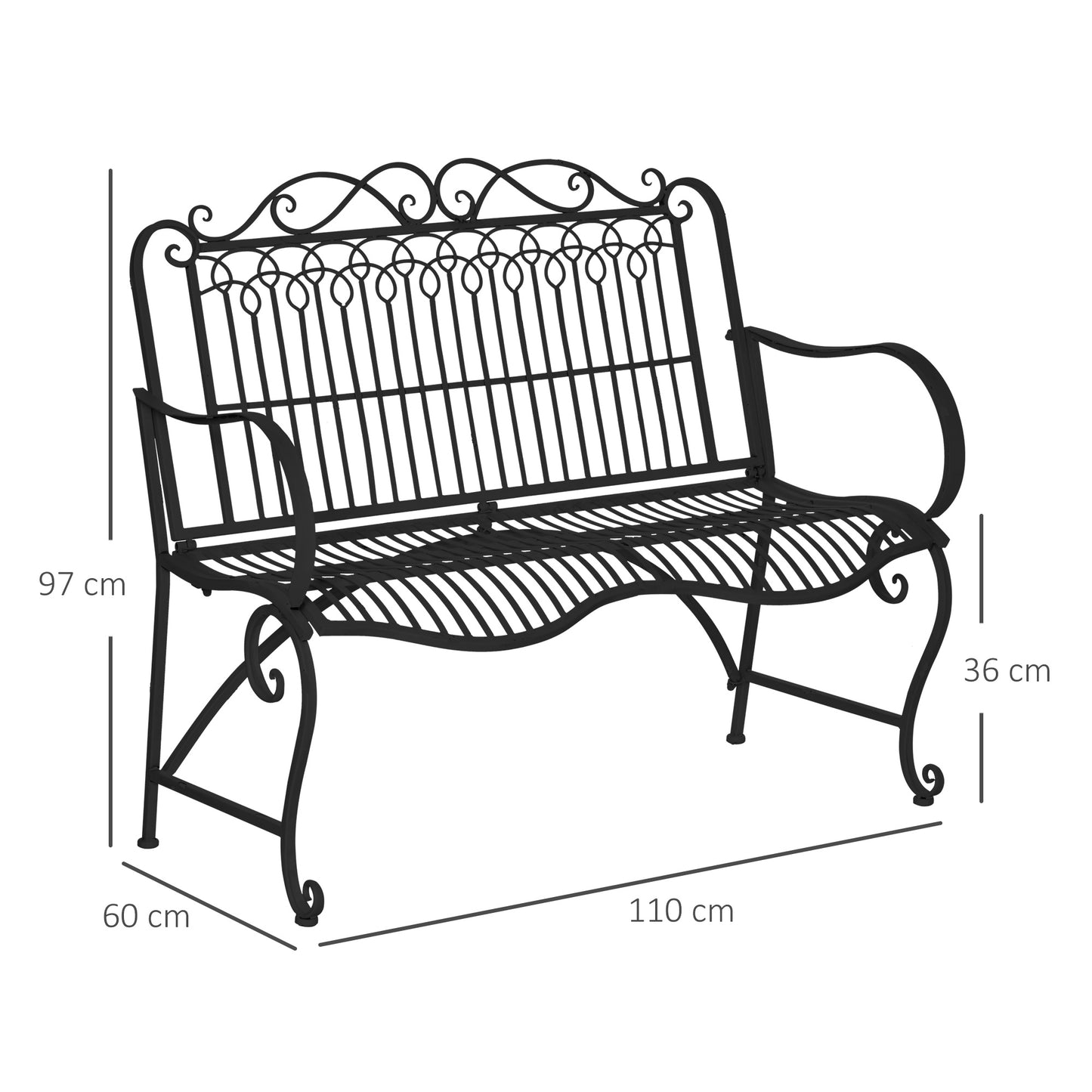 Outsunny Banco de Jardim de 2 Lugares 110x60x97cm Banco de Exterior de Metal com Encosto Decorativo e Apoio para os Braços para Terraço Balção 200kg Preto