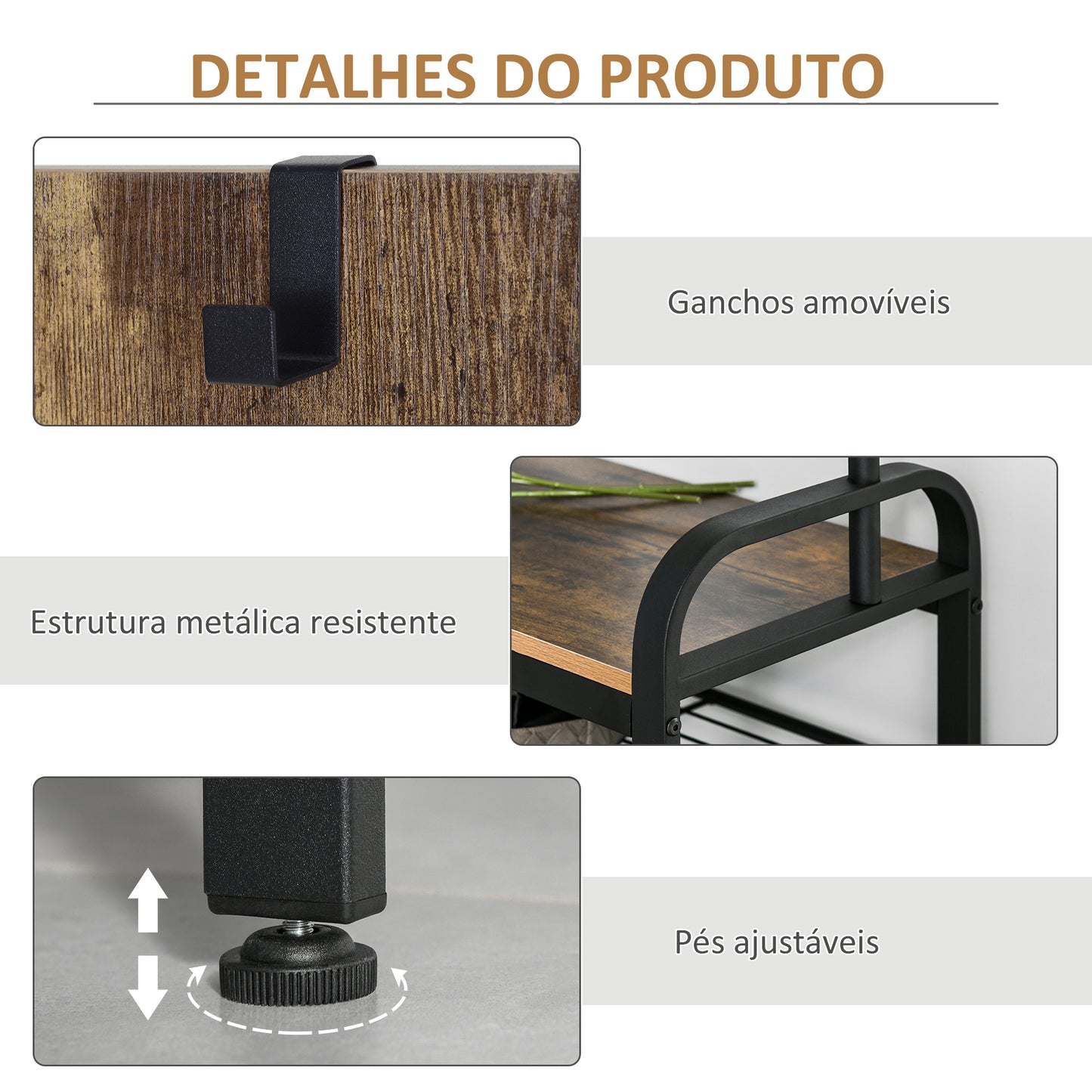 HOMCOM Móvel Cabide de Entrada com 8 Ganchos e Sapateira Armário de Entrada com Cabides 72x34x185cm Marrom Rústico e Preto