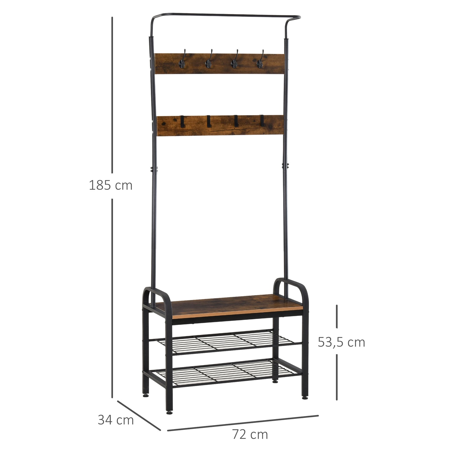 HOMCOM Móvel Cabide de Entrada com 8 Ganchos e Sapateira Armário de Entrada com Cabides 72x34x185cm Marrom Rústico e Preto