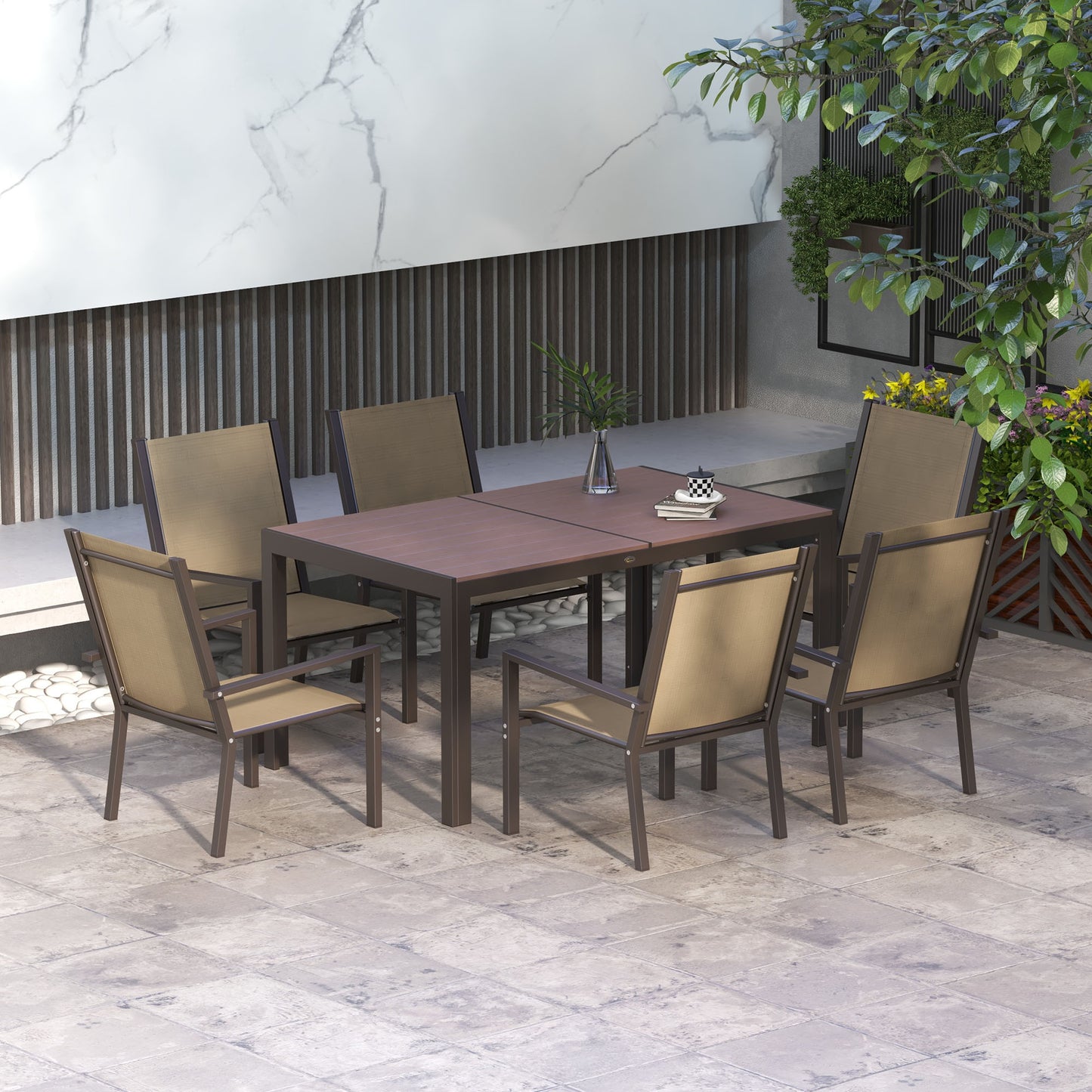 Outsunny Conjunto de Refeição de Exterior de 7 Peças Conjunto de Mesa e 6 Cadeiras de Jardim com Cadeiras Empilháveis e Estrutura de Aço para Terraço Pátio Cáqui