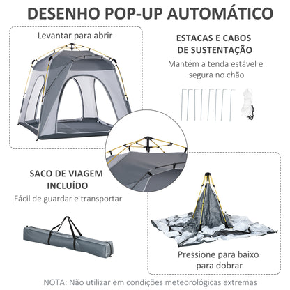 Outsunny Tenda de Campismo para 4 Pessoas Tenda de Campismo Pop UP com 4 Janelas 2 Bolsos de Armazenamento e Bolsa de Transporte 240x240x199 cm Cinza