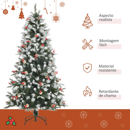 HOMCOM Árvore de Natal Artificial 180cm com 678 Ramas 53 Pinhas e 53 Frutinhas Folhas de PVC PE Base Dobrável e Suporte Metálico Decoração de Natal para Interiores Verde