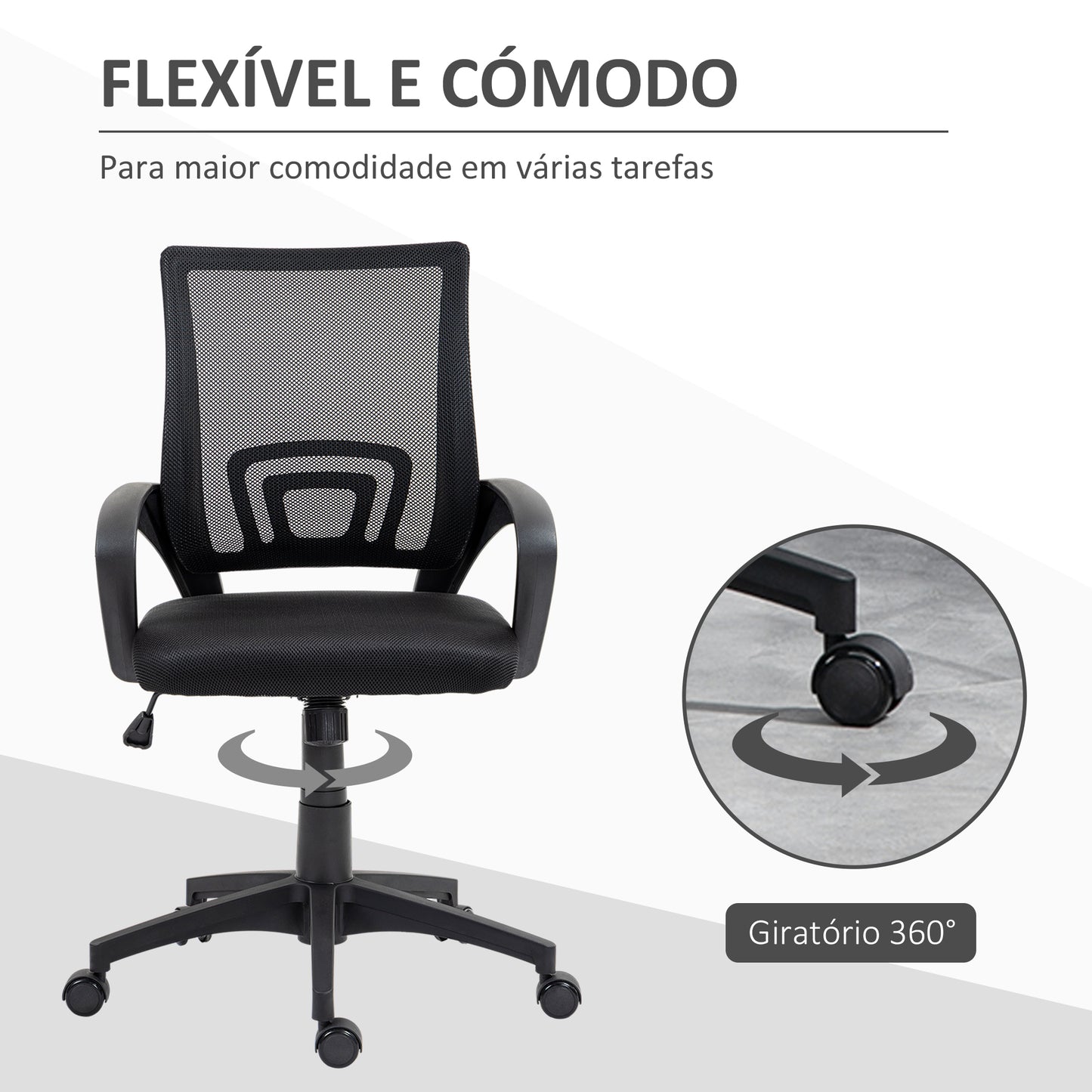 HOMCOM Cadeira de Escritório de Malha Cadeira de Escritório Giratória com Altura Ajustável Função Basculante e Apoio para os Braços Cadeira de Estúdio Carga 120 kg 57x55x89-109 cm Preto