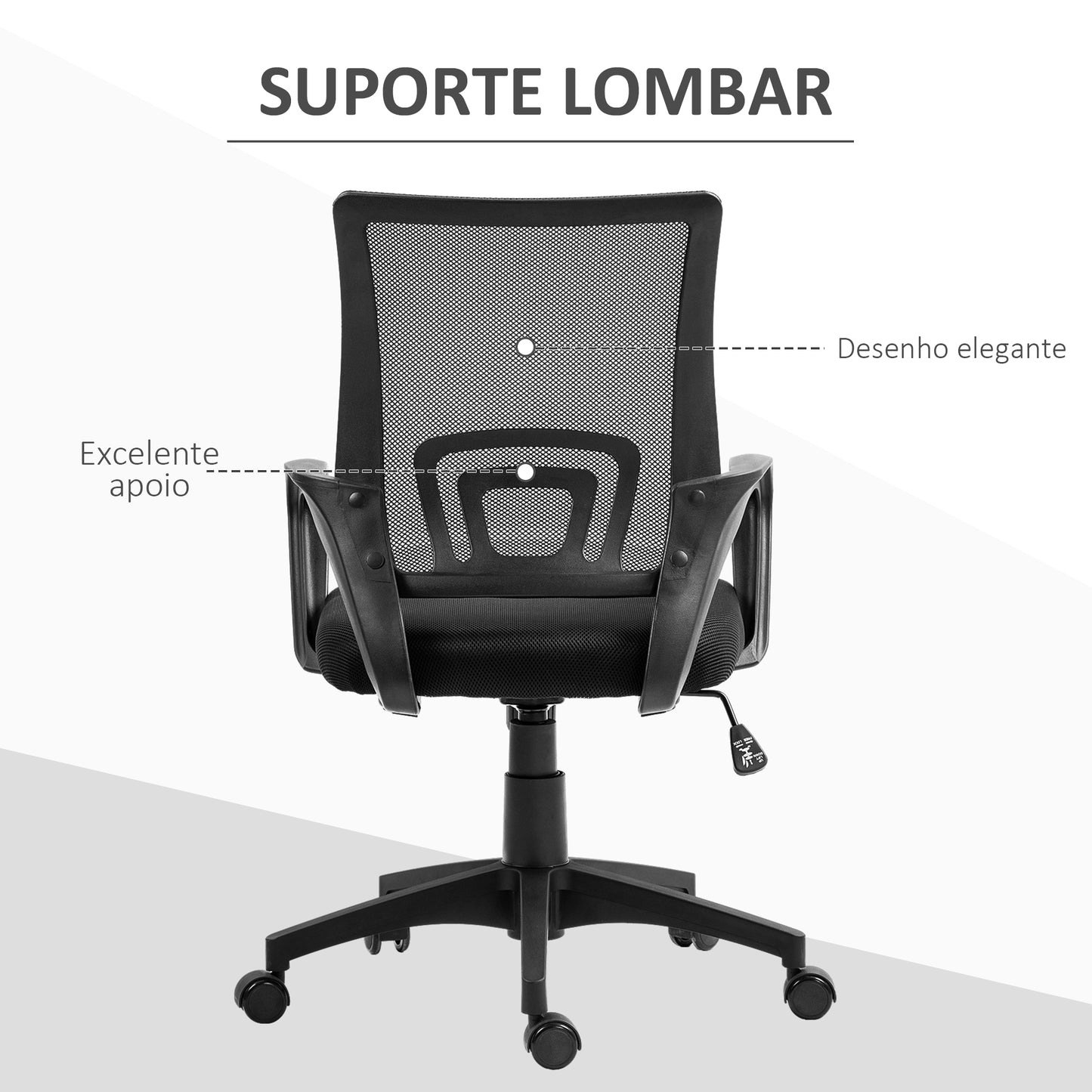 HOMCOM Cadeira de Escritório de Malha Cadeira de Escritório Giratória com Altura Ajustável Função Basculante e Apoio para os Braços Cadeira de Estúdio Carga 120 kg 57x55x89-109 cm Preto