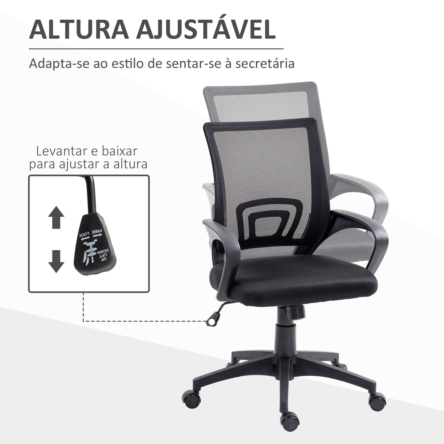 HOMCOM Cadeira de Escritório de Malha Cadeira de Escritório Giratória com Altura Ajustável Função Basculante e Apoio para os Braços Cadeira de Estúdio Carga 120 kg 57x55x89-109 cm Preto