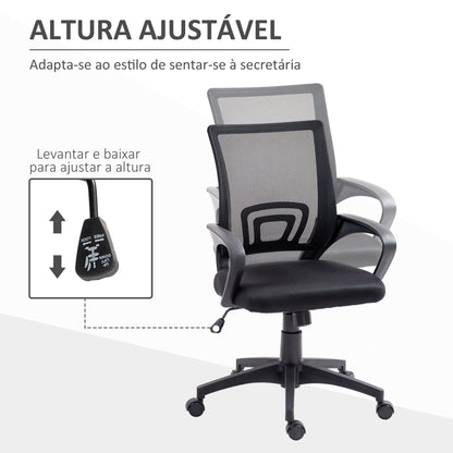 HOMCOM Cadeira de Escritório de Malha Cadeira de Escritório Giratória com Altura Ajustável Função Basculante e Apoio para os Braços Cadeira de Estúdio Carga 120 kg 57x55x89-109 cm Preto