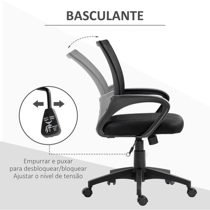 HOMCOM Cadeira de Escritório de Malha Cadeira de Escritório Giratória com Altura Ajustável Função Basculante e Apoio para os Braços Cadeira de Estúdio Carga 120 kg 57x55x89-109 cm Preto