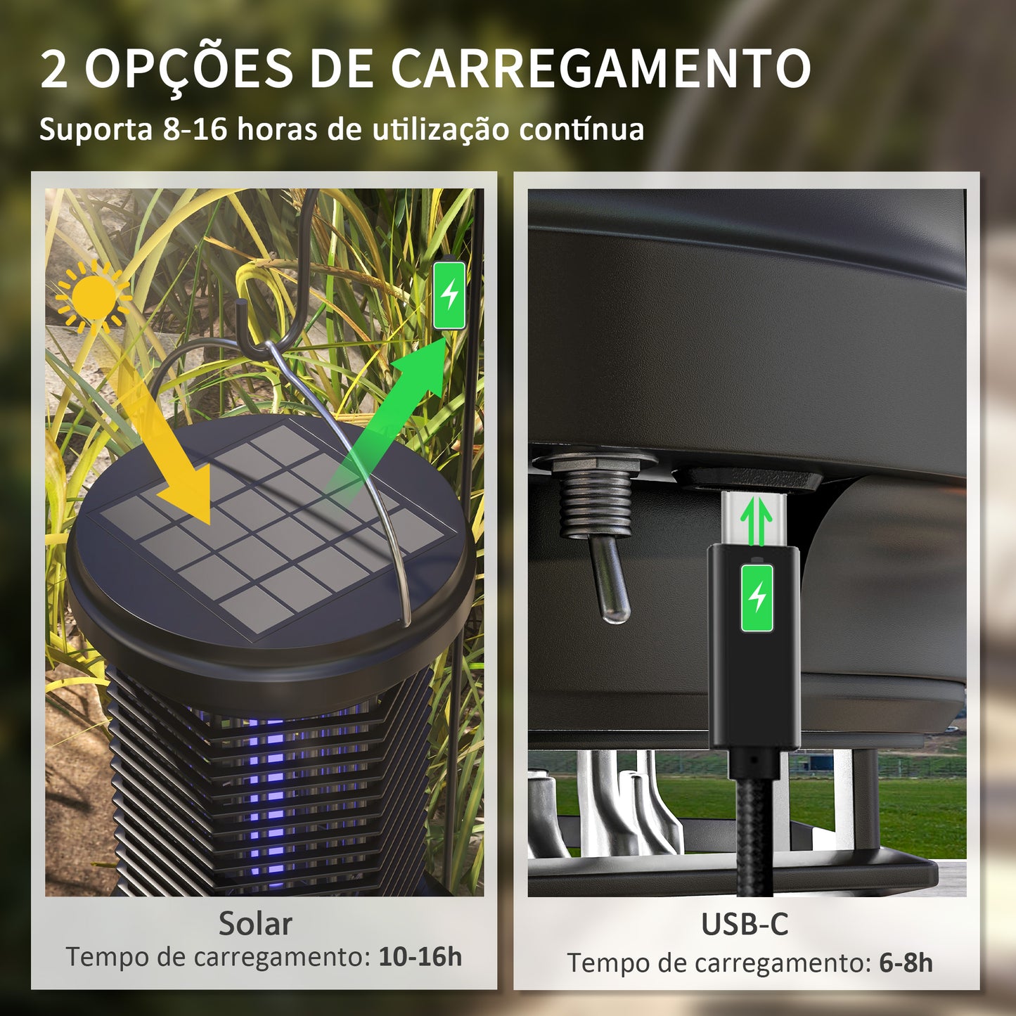 Outsunny Lâmpada Mata Mosquitos Elétrica 2 em 1 5W Mata Mosquitos Elétrico com Luzes LED UV Recarregável Solar e USB Efeito 30 m² Mata-moscas Elétrico para Jardim Terraço Pátio Preto