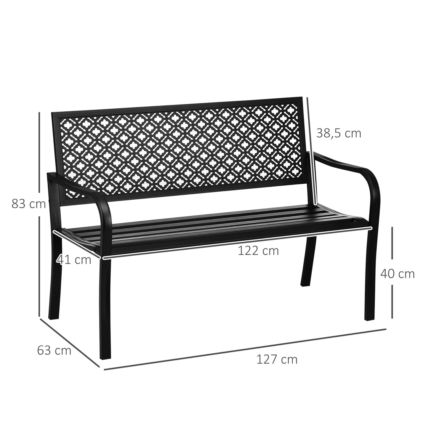 Outsunny Banco de Jardim de Aço Banco de Exterior de 2 Lugares com Encosto Decorativo para Terraço Varanda Pátio Carga Máxima 240kg 127x63x83cm Preto