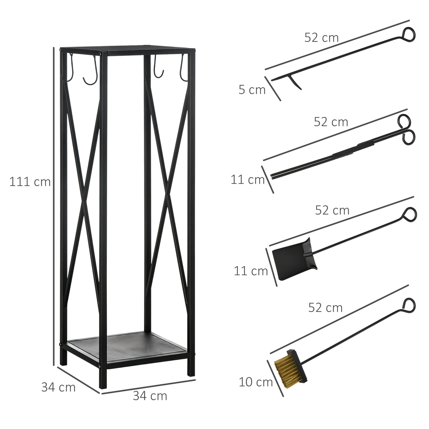 Outsunny Suporte para Lenha Estante para Lenha Lenheiro de Exterior com Ganchos Pá Escova Atiçador e Tenaz Carga 60 kg 34x34x111 cm Preto