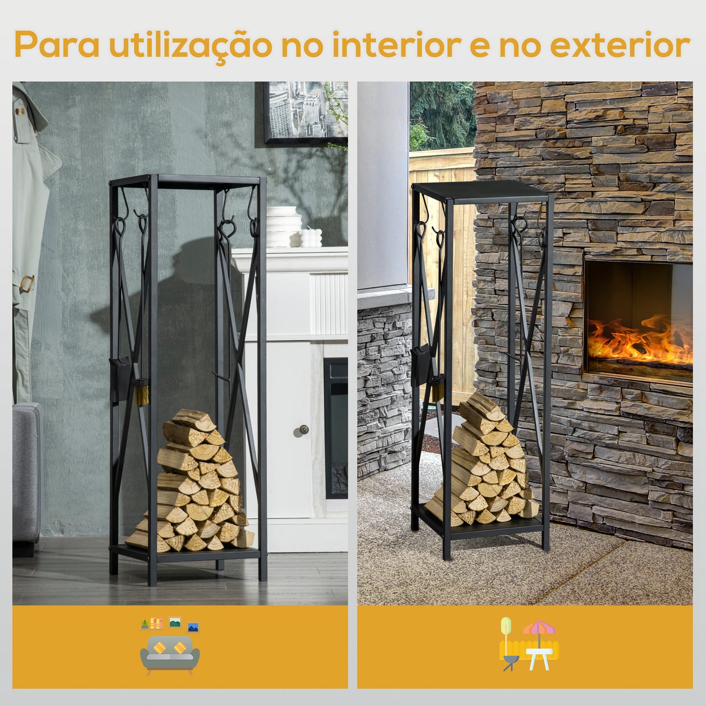 Outsunny Suporte para Lenha Estante para Lenha Lenheiro de Exterior com Ganchos Pá Escova Atiçador e Tenaz Carga 60 kg 34x34x111 cm Preto