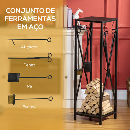 Outsunny Suporte para Lenha Estante para Lenha Lenheiro de Exterior com Ganchos Pá Escova Atiçador e Tenaz Carga 60 kg 34x34x111 cm Preto