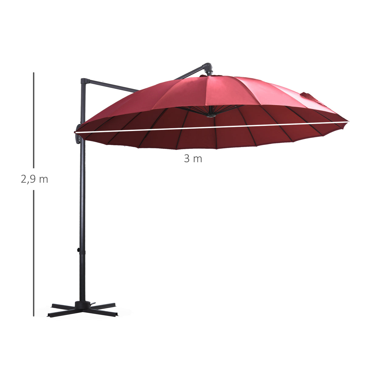 Outsunny Chapéu de Sol Excêntrico Ø300 cm com Manivela Mastro Giratório 360º Teto Inclinável em 6 Posições e Base Cruzada Incluída Vinho