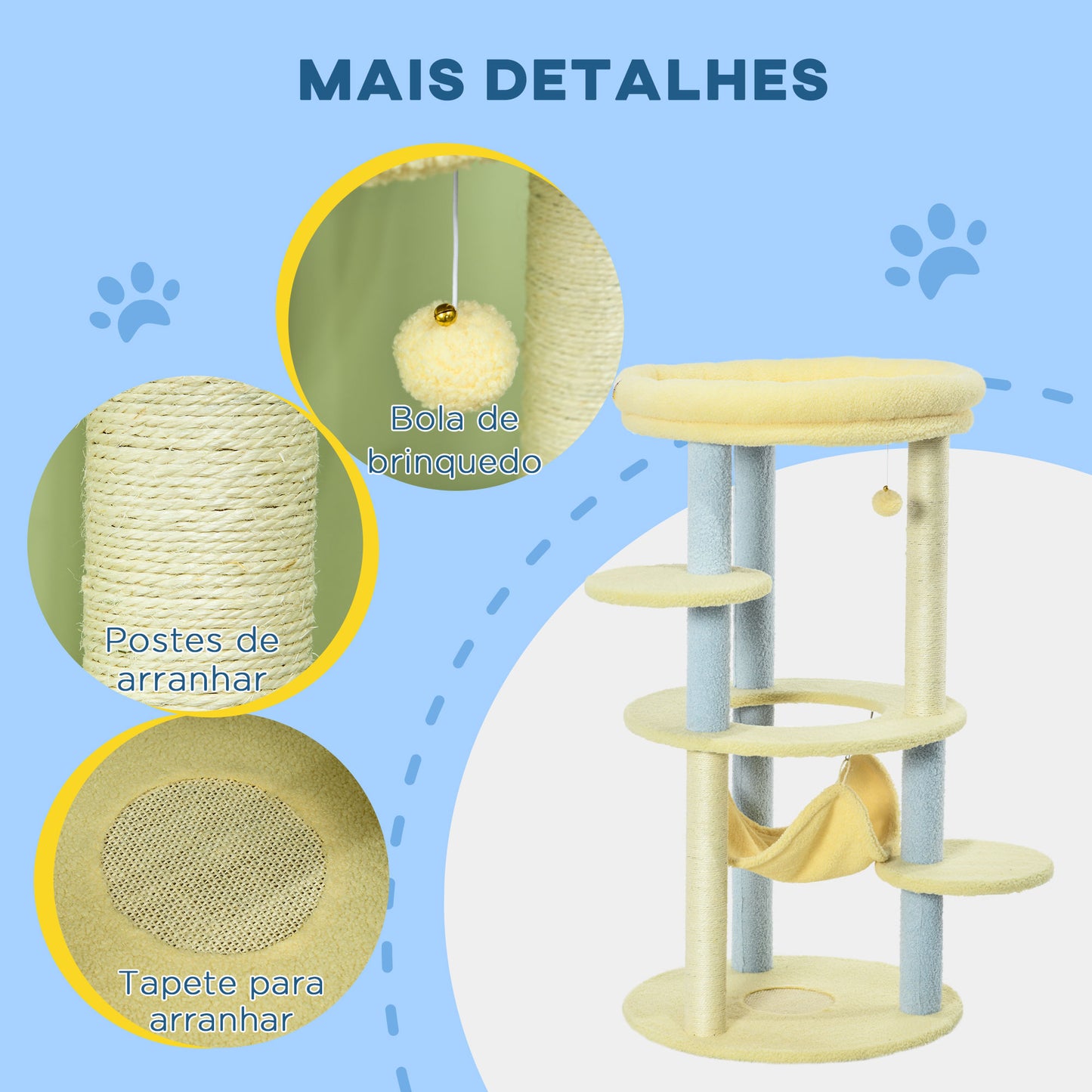 PawHut Arranhador para Gatos Médio 110 cm Torre para Gatos Centro de Atividades para Gatos com Rede Poste de Sisal e Bola Suspensa Ø58x110 cm Amarelo e Azul