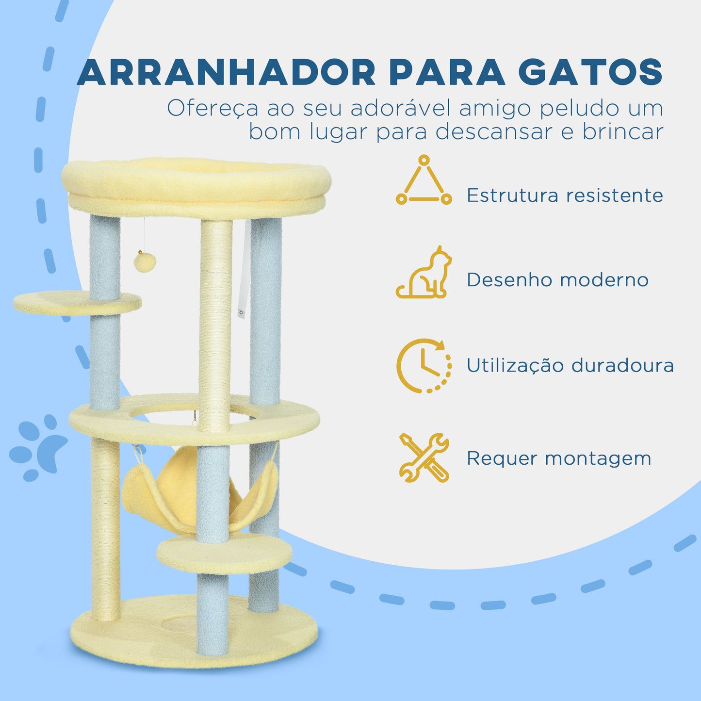 PawHut Arranhador para Gatos Médio 110 cm Torre para Gatos Centro de Atividades para Gatos com Rede Poste de Sisal e Bola Suspensa Ø58x110 cm Amarelo e Azul