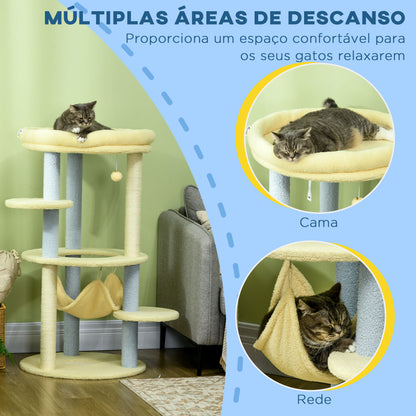 PawHut Arranhador para Gatos Médio 110 cm Torre para Gatos Centro de Atividades para Gatos com Rede Poste de Sisal e Bola Suspensa Ø58x110 cm Amarelo e Azul