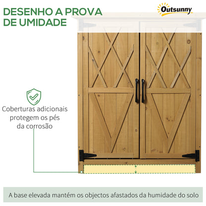 Outsunny Armário de Madeira de Jardim 75x40x90cm 0,24m² para Armazenamento de Ferramentas com 2 Portas 4 Prateleiras e Teto Galvanizado para Exterior Terraço Natural