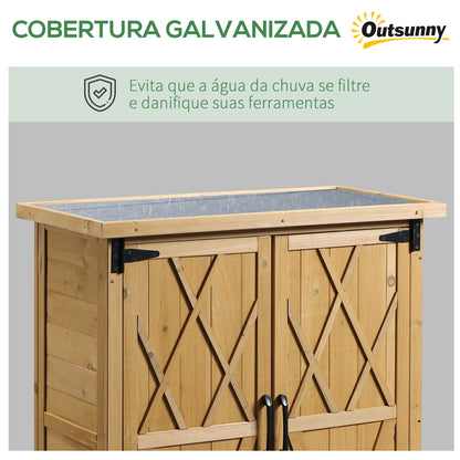 Outsunny Armário de Madeira de Jardim 75x40x90cm 0,24m² para Armazenamento de Ferramentas com 2 Portas 4 Prateleiras e Teto Galvanizado para Exterior Terraço Natural