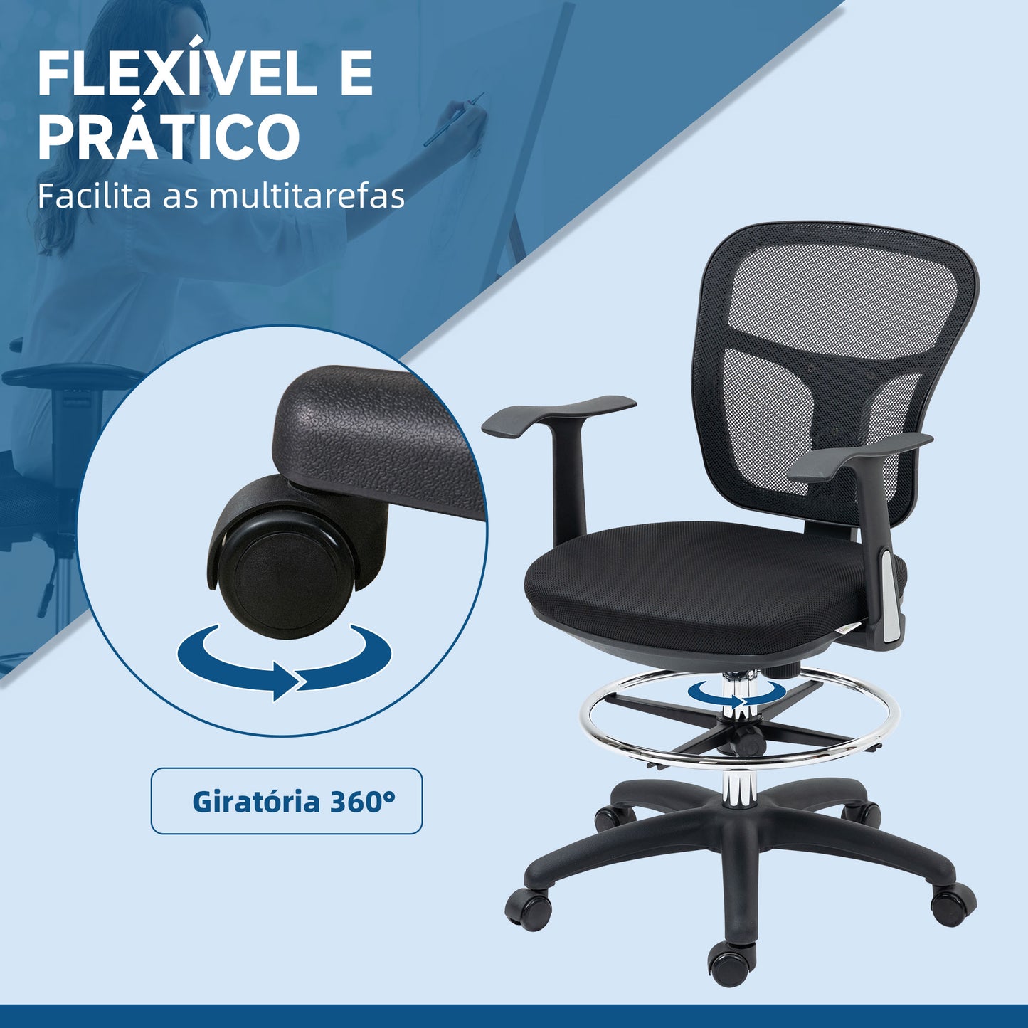 Vinsetto Cadeira de Escritório Ergonómica de Malha Cadeira de Escritório Giratória com Apoio para os Braços Apoio para os Pés e Assento Ajustáveis para Dormitório Sala de Estar 59x59x95-115cm Preto