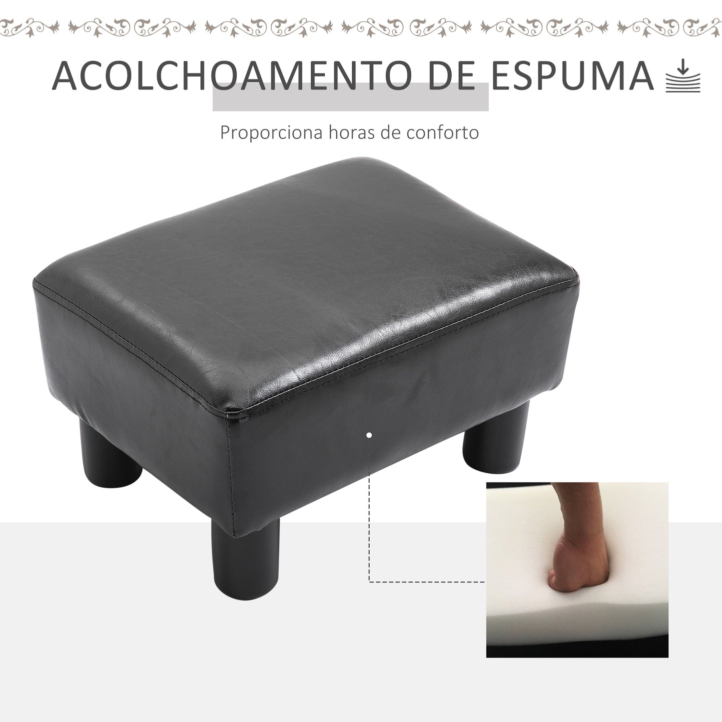 HOMCOM Apoio para os Pés Octomano Banco Pequeno Estofado em Pele Sintética com Assento Acolchoado de Espuma e Pés de Plástico para Sala de Estar Dormitório 40x30x24 cm Preto