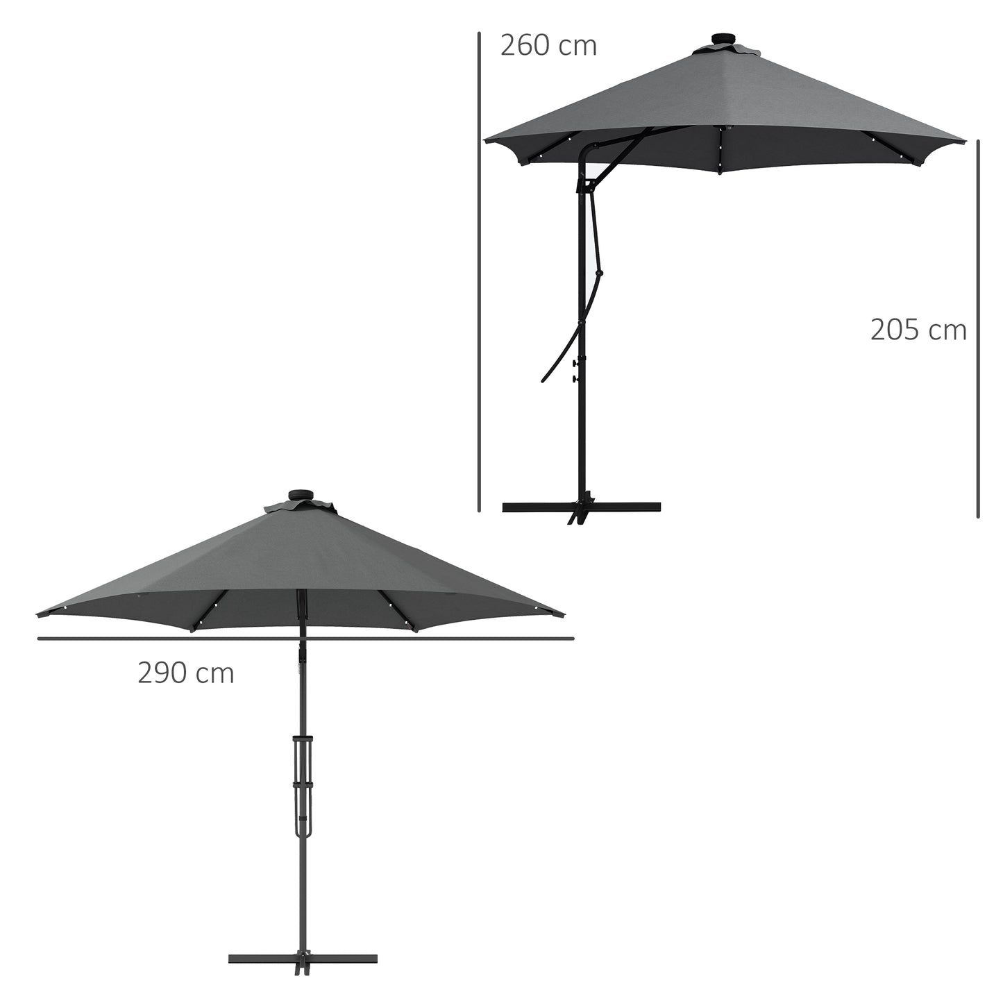 Outsunny Chapéu de Sol Excêntrico de 3 m com Luzes LED Chapéu de Sol de Jardim com Manivela e Base em Cruz para Exterior Pátio Terraço Cinza Escuro