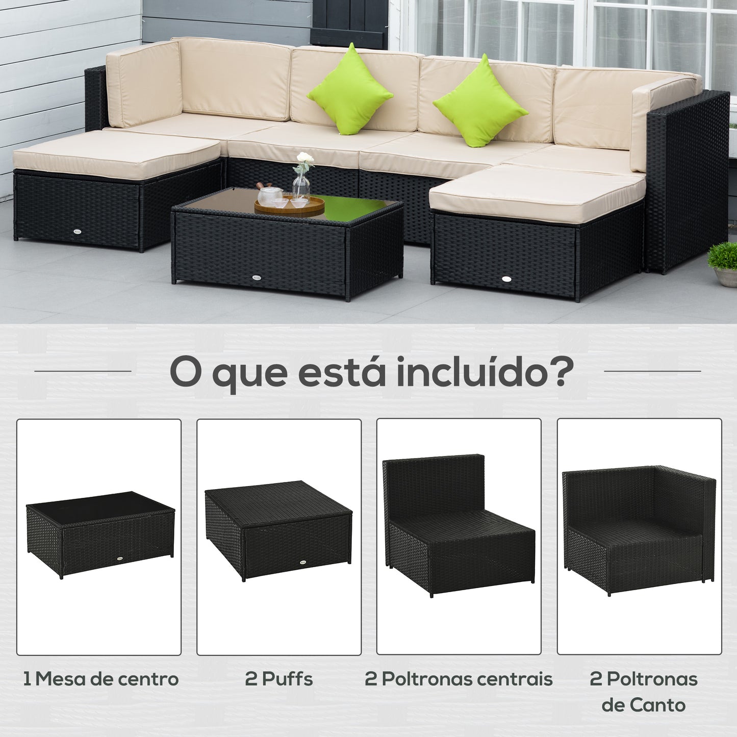 Outsunny Conjunto de Móveis de Jardim de Vime PE Conjunto de 7 Peças Mesa Sofás Bancos com Almofadas Laváveis Preto Areia e Verde