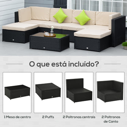 Outsunny Conjunto de Móveis de Jardim de Vime PE Conjunto de 7 Peças Mesa Sofás Bancos com Almofadas Laváveis Preto Areia e Verde