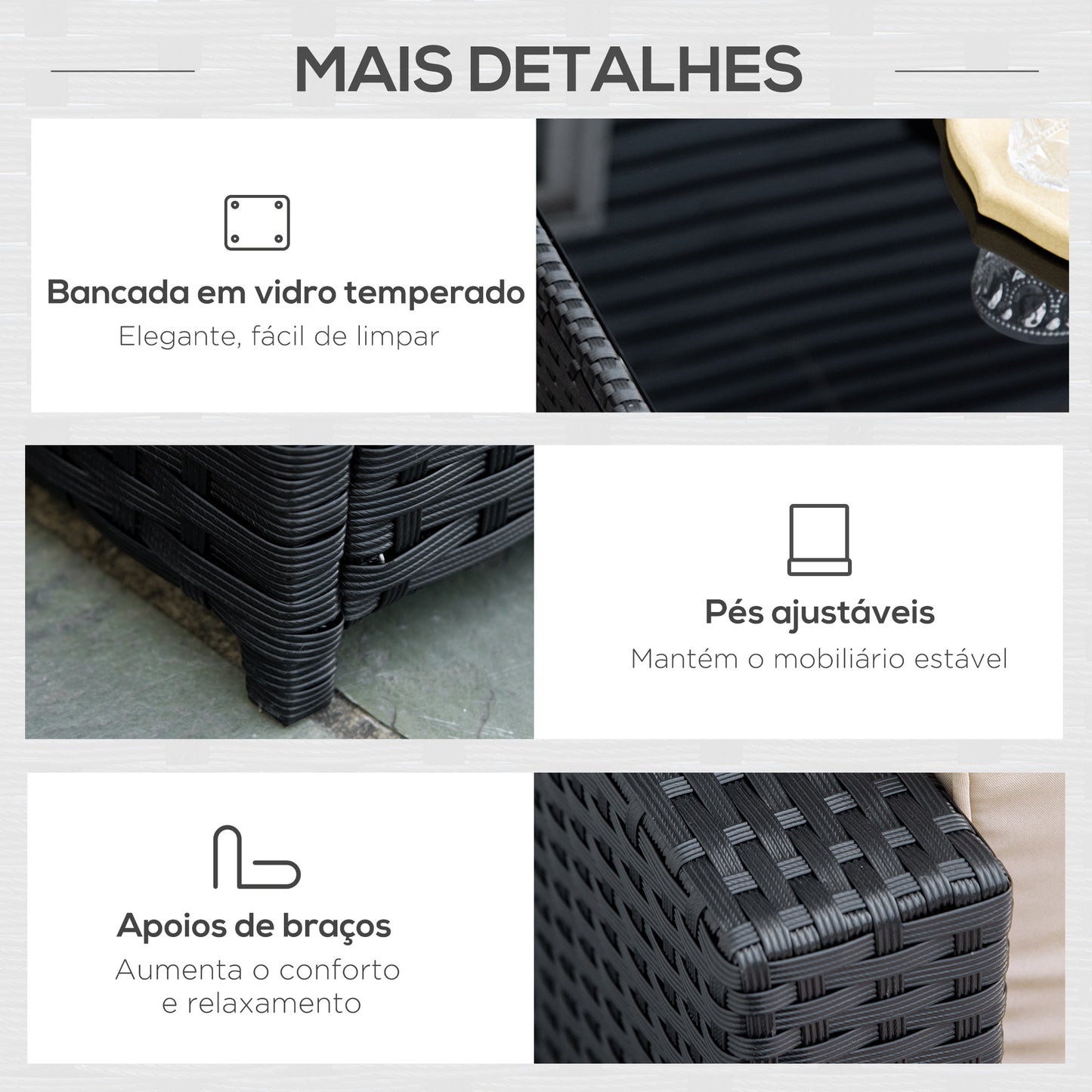 Outsunny Conjunto de Móveis de Jardim de Vime PE Conjunto de 7 Peças Mesa Sofás Bancos com Almofadas Laváveis Preto Areia e Verde