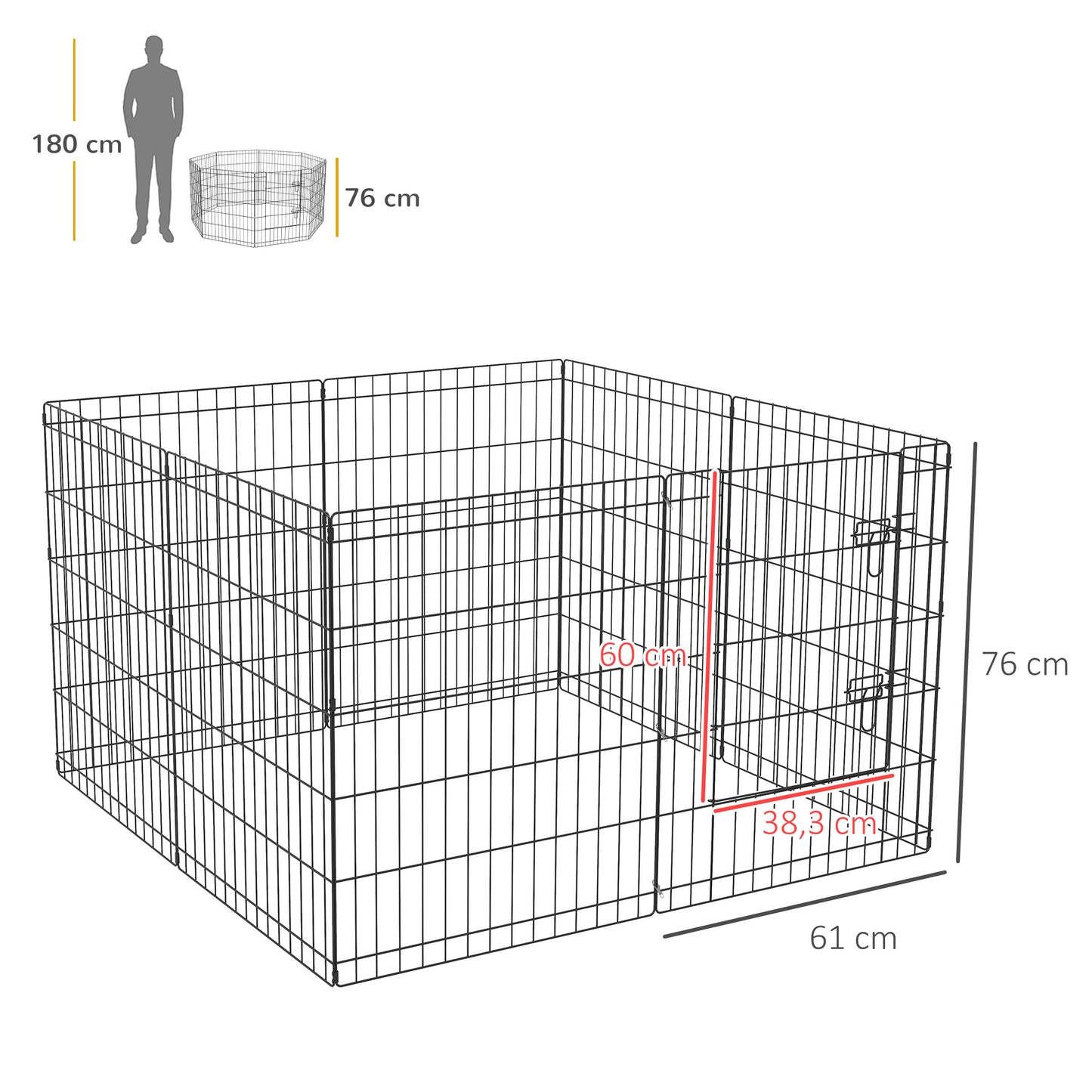 PawHut Parque para Cães 8 Painéis 76x61cm Dobráveis Gaiola Metálica para Animais de Estimação com Porta e Dupla Fechadura para Jardim Pátio Exterior Preto