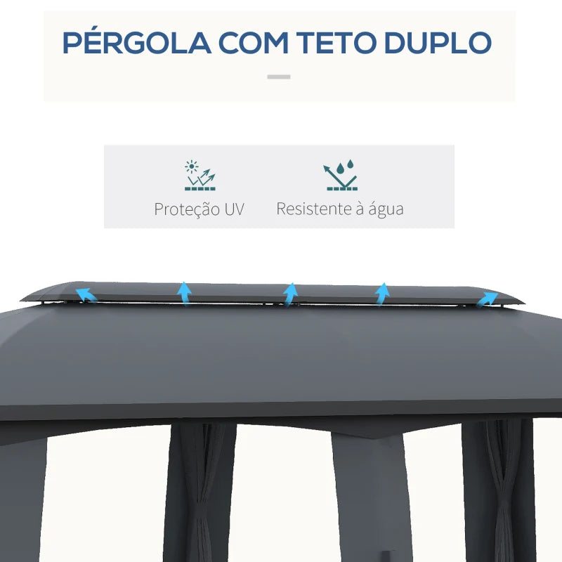 Pérgola de Jardim 3x6m com Teto Duplo com 6 Telas Mosquiteiras Zíper e Estrutura de Metal Cinza Escuro