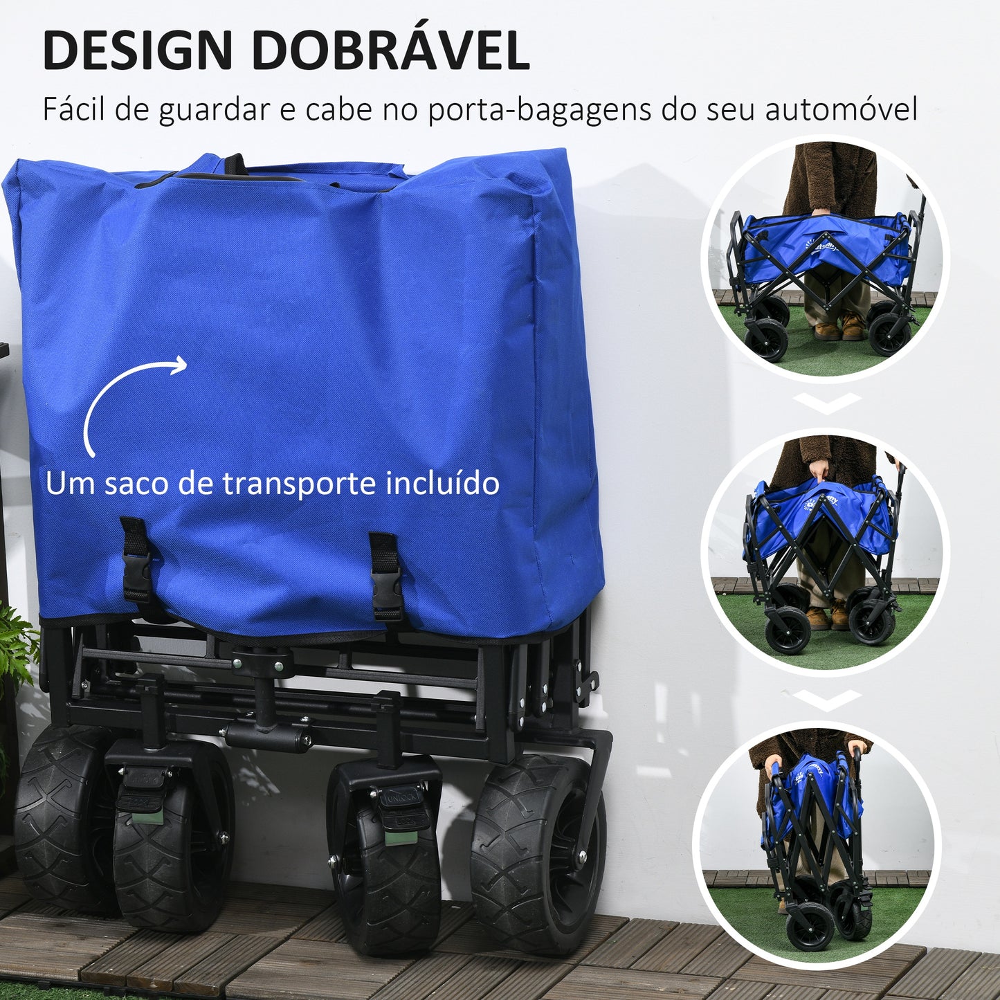 Outsunny Carrinho de Transporte Carrinho Dobrável para Jardim com Comprimento e Ângulo do Guiador Ajustáveis e Bolsa de Transporte Capacidade 100 kg 99x57x77-100 cm Azul Escuro