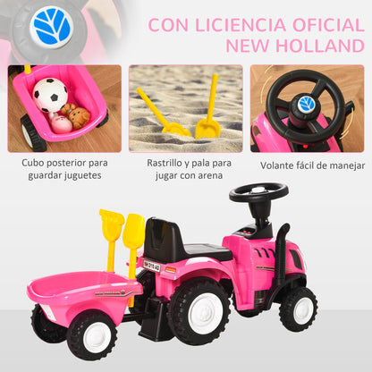 HOMCOM Trator para Crianças de 12-36 Meses com Reboque Removível Carro Andador com Buzina Farol Pá e Ancinho Carga 25kg 91x29x44cm Rosa