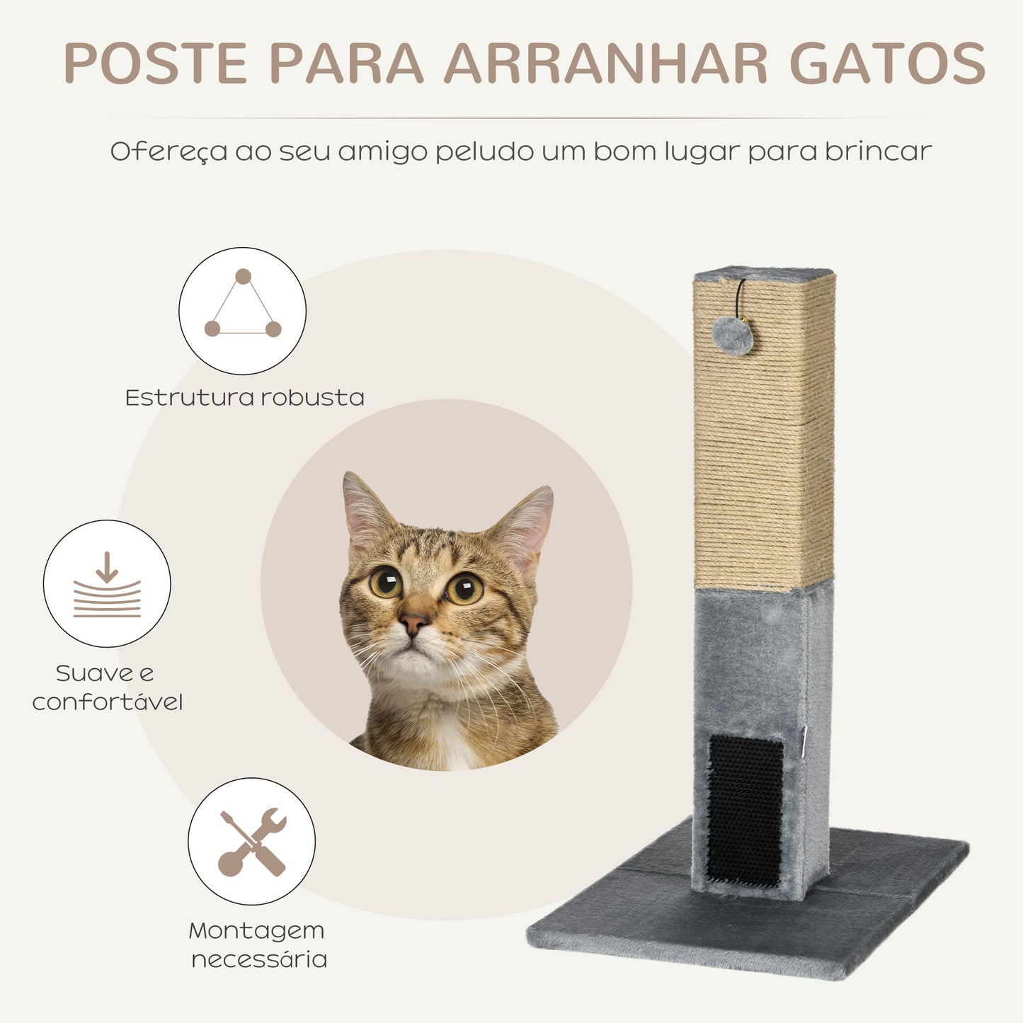 PawHut Poste Arranhador para Gatos 79 cm Arranhador para Gatos com Bola Suspensa e Poste de Sisal 59,5x39x79 cm Cinza e Bege