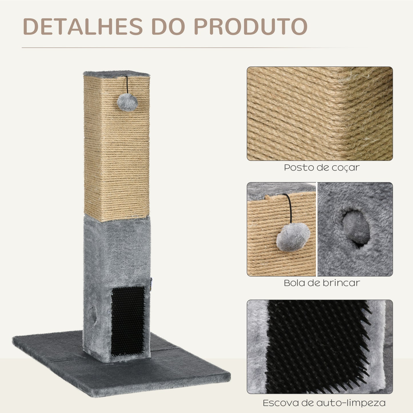 PawHut Poste Arranhador para Gatos 79 cm Arranhador para Gatos com Bola Suspensa e Poste de Sisal 59,5x39x79 cm Cinza e Bege