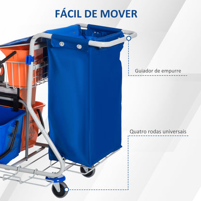 HOMCOM Carro de Limpeza Profissional com Balde Duplo Removível de 18 Litros Escorredor 2 Baldes Auxiliares e Bolsa de Lixo 100x70x103cm Azul e Laranja