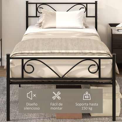 Estrutura de Cama Individual de Metal 31cm para Colchão 90x190cm com Cabeceira com Forma de Mariposa Estrutura de Cama com Espaço em Baixo de Armazenamento 95x196x100cm Preto