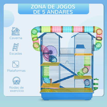 PawHut Gaiola de hamster Habitat de pequenos animais com várias plataformas, sistema de tubos 47x30x59 cm azul