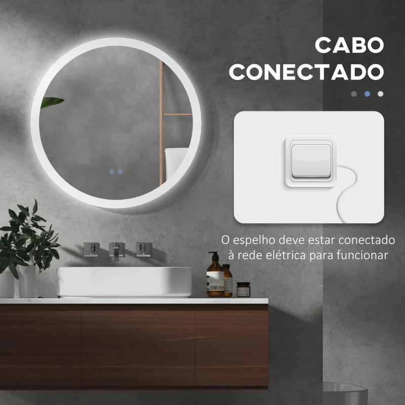 kleankin Espelho Casa de Banho Redondo com Luzes LED 70x70 cm Espelho com Iluminação Função Antiembaciamento 3 Luzes Função de Memória e Interruptor Tátil Prata