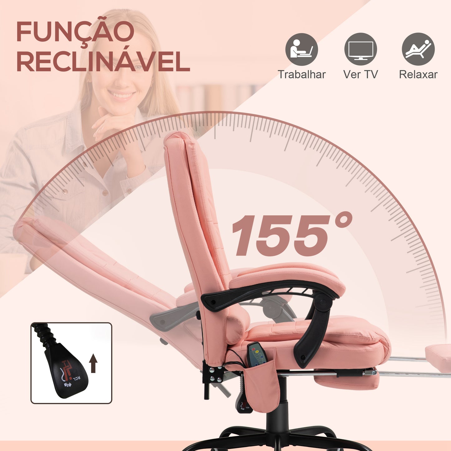 Vinsetto Cadeira de Massagem com 7 Pontos de Massagem Cadeira de Escritório Reclinável com Altura Ajustável Apoio para os Pés e Controlo Remoto 67x67x111-121 cm Rosa