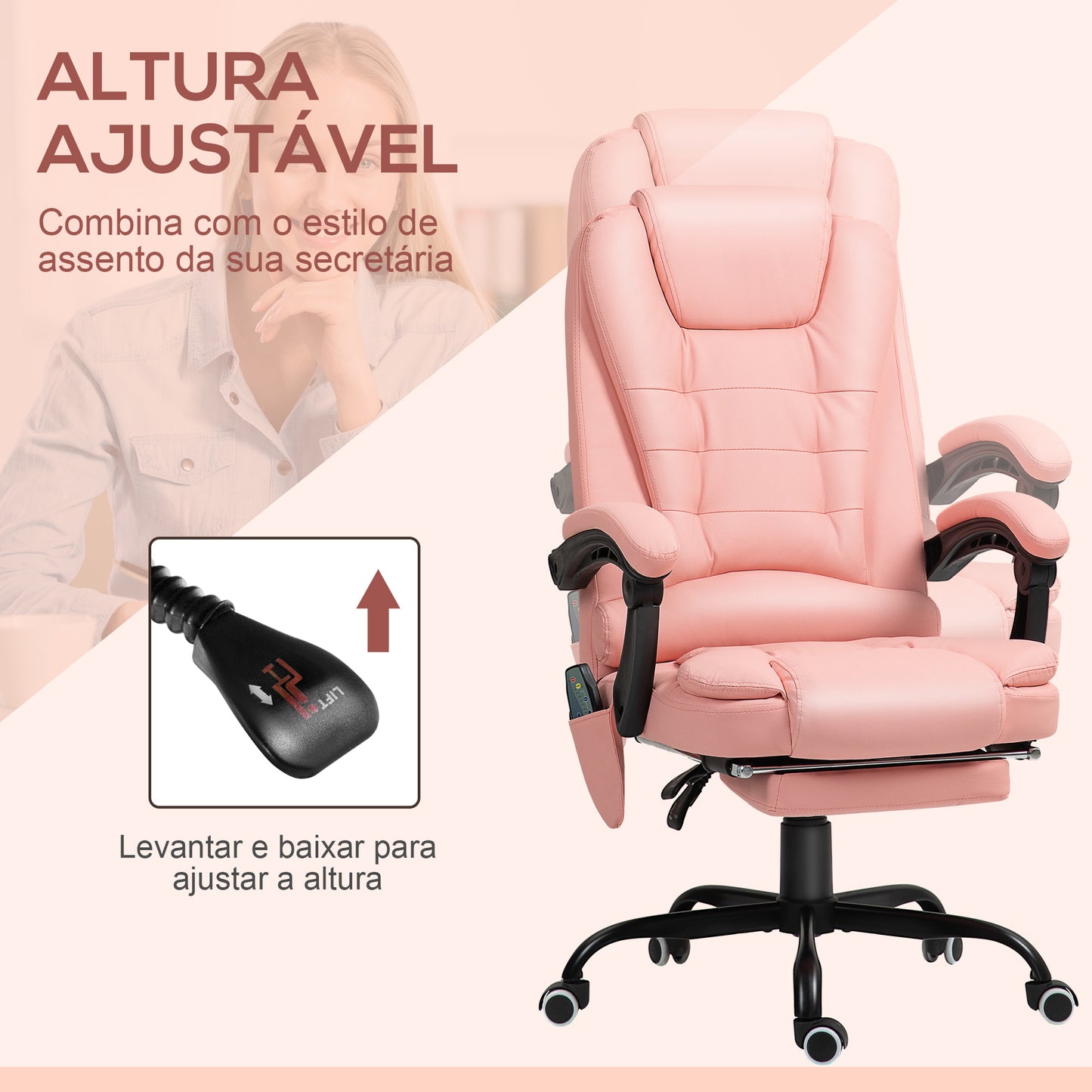 Vinsetto Cadeira de Massagem com 7 Pontos de Massagem Cadeira de Escritório Reclinável com Altura Ajustável Apoio para os Pés e Controlo Remoto 67x67x111-121 cm Rosa