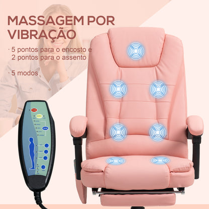 Vinsetto Cadeira de Massagem com 7 Pontos de Massagem Cadeira de Escritório Reclinável com Altura Ajustável Apoio para os Pés e Controlo Remoto 67x67x111-121 cm Rosa