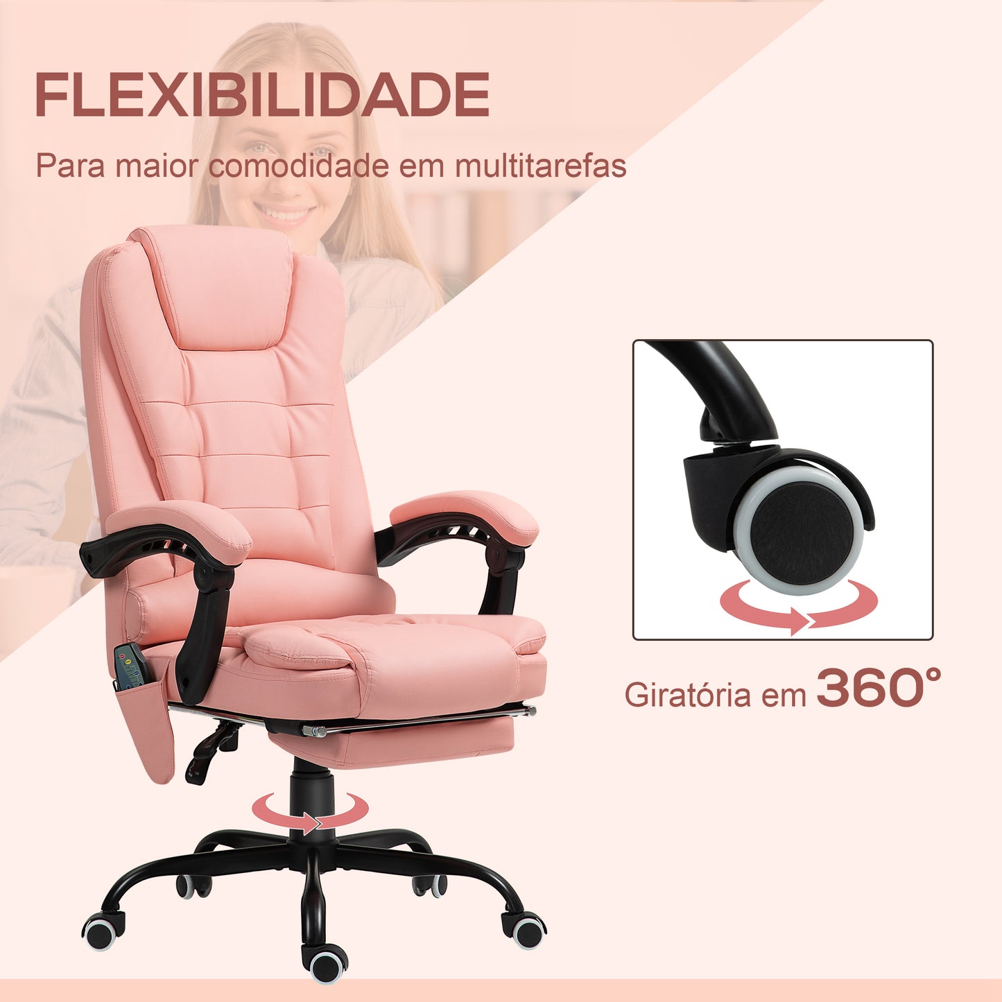 Vinsetto Cadeira de Massagem com 7 Pontos de Massagem Cadeira de Escritório Reclinável com Altura Ajustável Apoio para os Pés e Controlo Remoto 67x67x111-121 cm Rosa